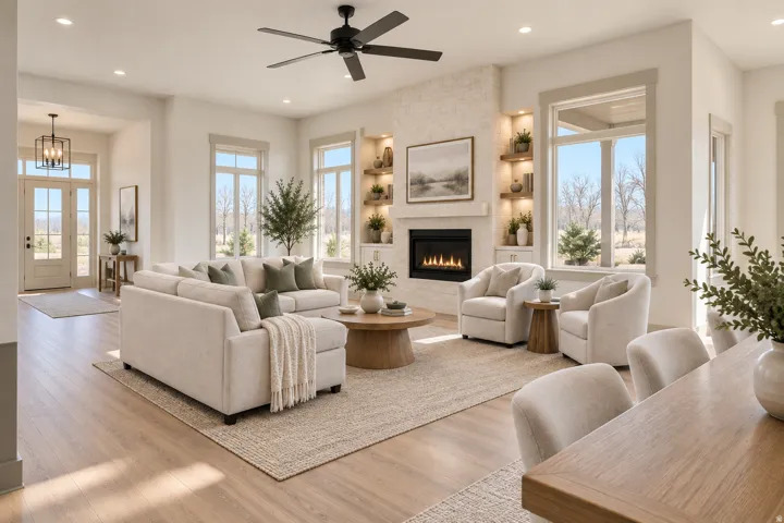 Open-concept living space featuring wood-finish flooring, a contemporary fireplace with a stone surround, recessed lighting, and a ceiling fan