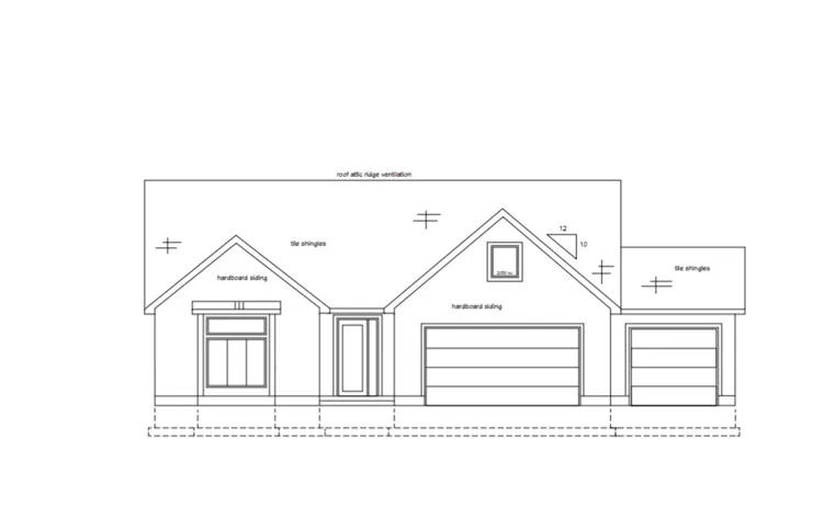 Architectural Drawing, Elevation View. Illustrating the exterior facade of the property with material specifications