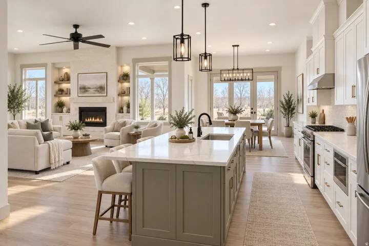 Open-concept living area with wood-finish flooring