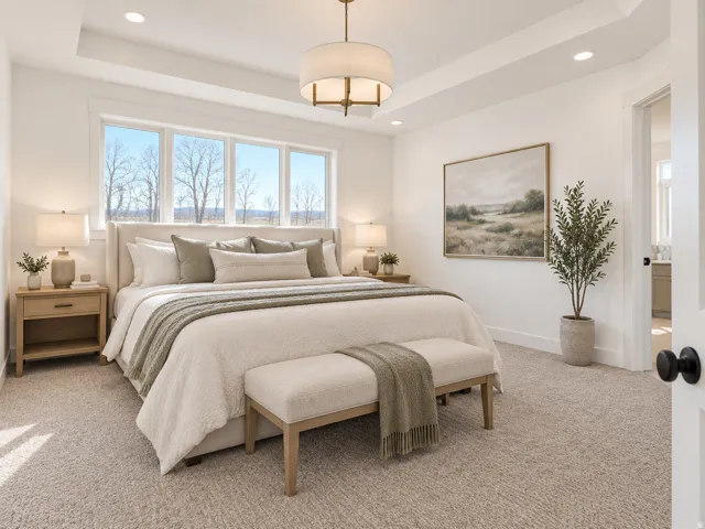 Tray ceiling with an overhead light fixture, large window with transom panels, light-toned carpet flooring, and a wood-finish nightstand