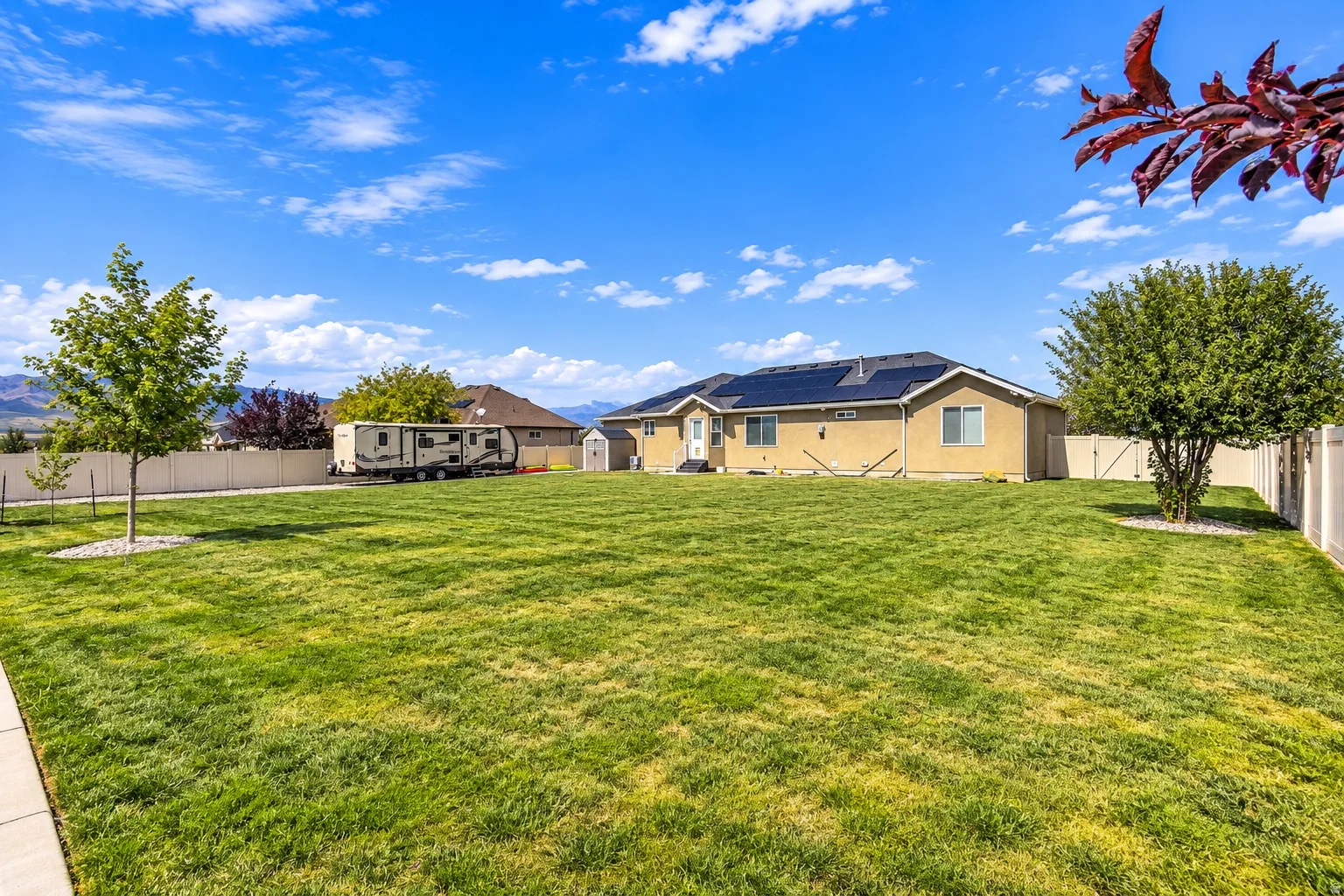 Expansive backyard with a manicured lawn, established trees, and a privacy fence