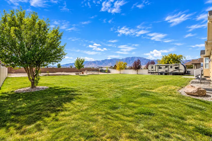 Expansive backyard featuring a lush lawn, mature trees, and a privacy fence