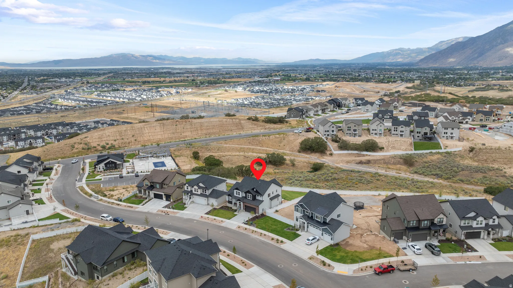 Residential community with mountain and lake scenery