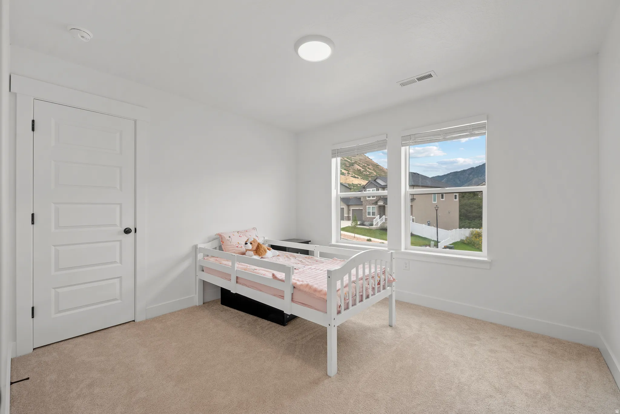 Carpeted flooring, white walls, two large windows, five-panel interior door, and a flush-mount ceiling light