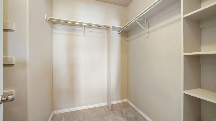 Walk-in closet with carpet flooring, built-in shelving, and hanging rods