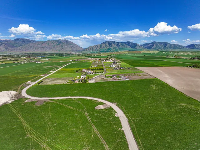 Expansive green fields, mountain backdrop, residential cluster, winding paved road, additional development area