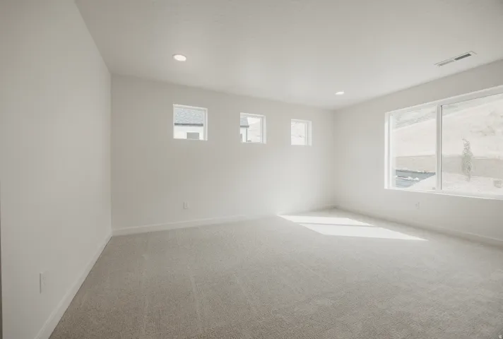 Expansive room featuring light gray carpeting and white walls