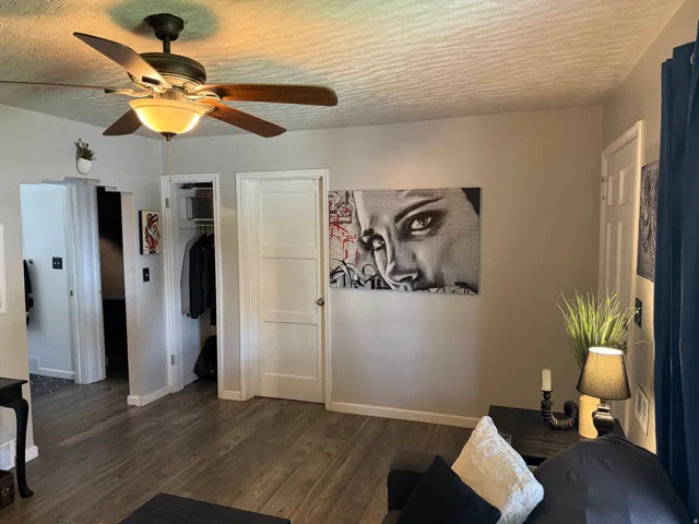 Wood-finish flooring with a ceiling fan light fixture and white trim