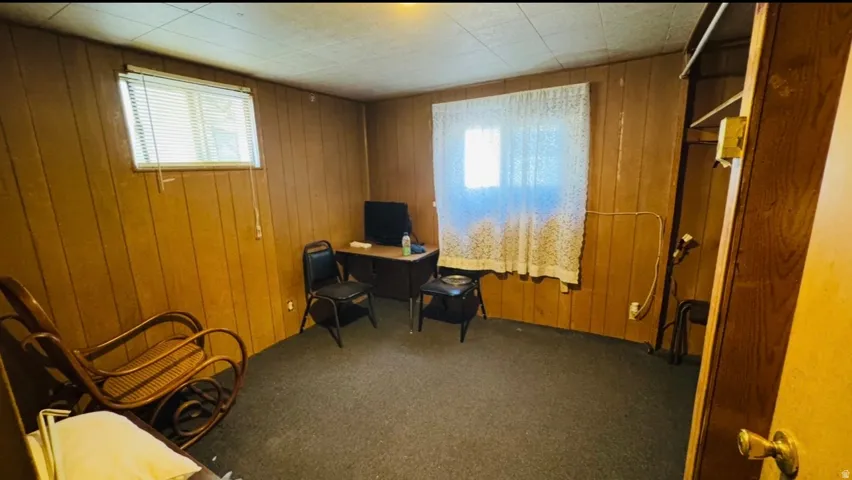Paneled walls with integrated window, dark carpet flooring, and an open closet space
