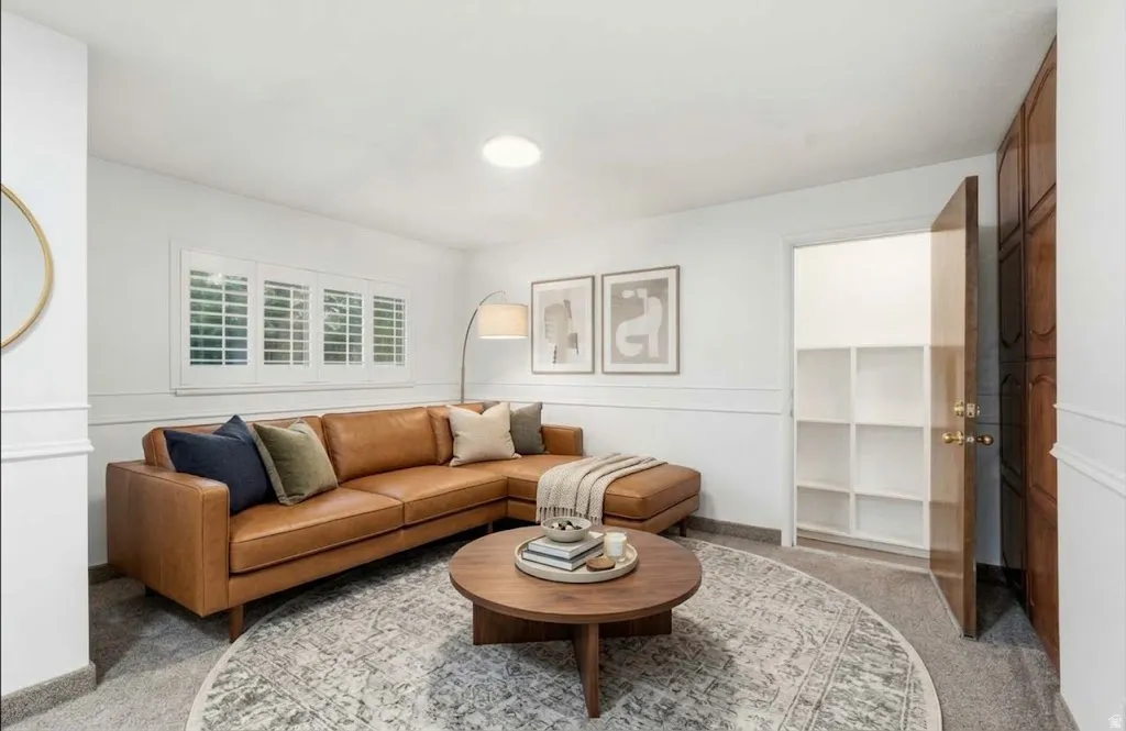 Recessed lighting, window shutters, built-in shelving, wood door, and white wainscoting