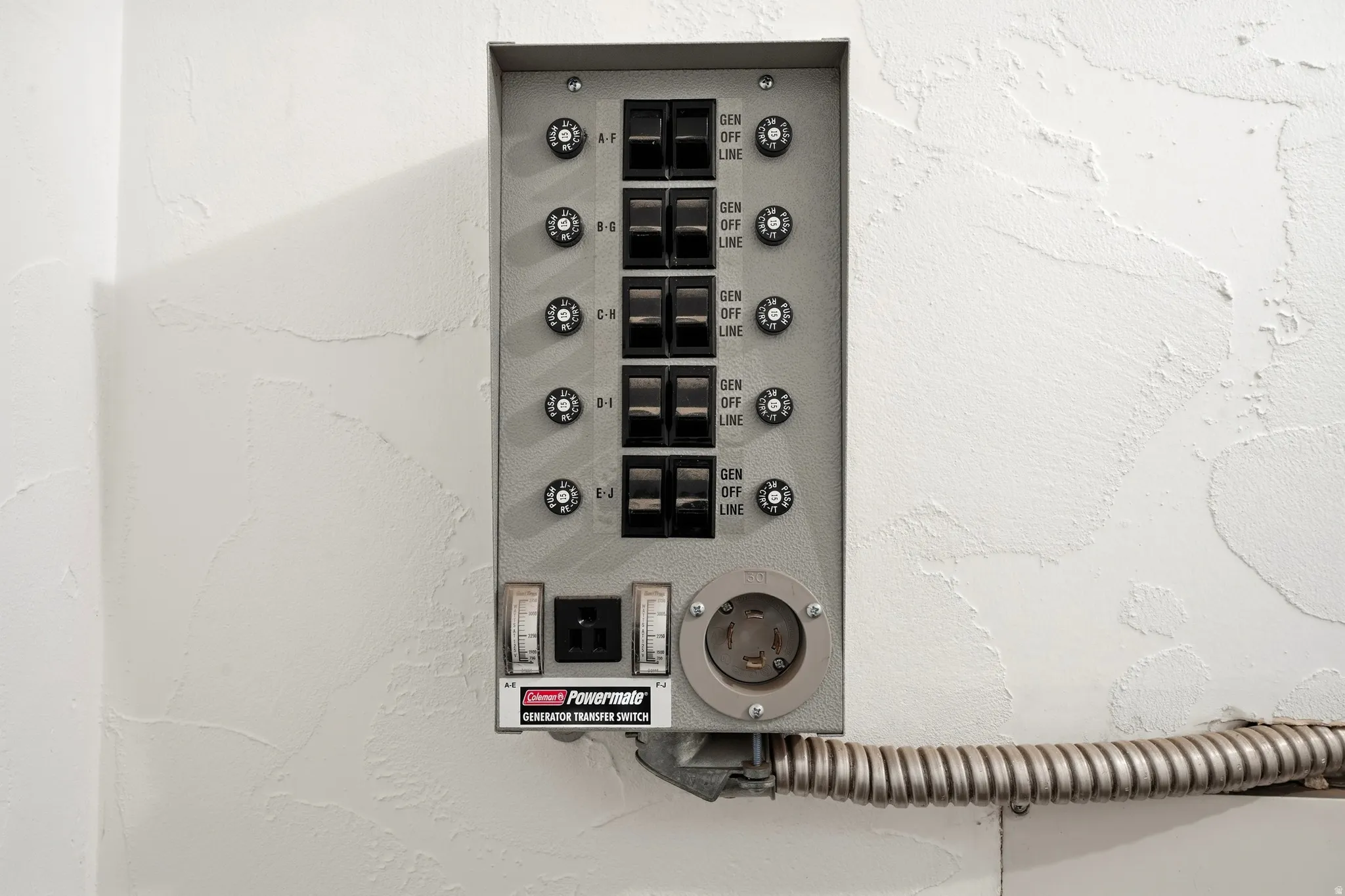 Generator transfer switch with multiple circuit breakers and a heavy-duty power outlet