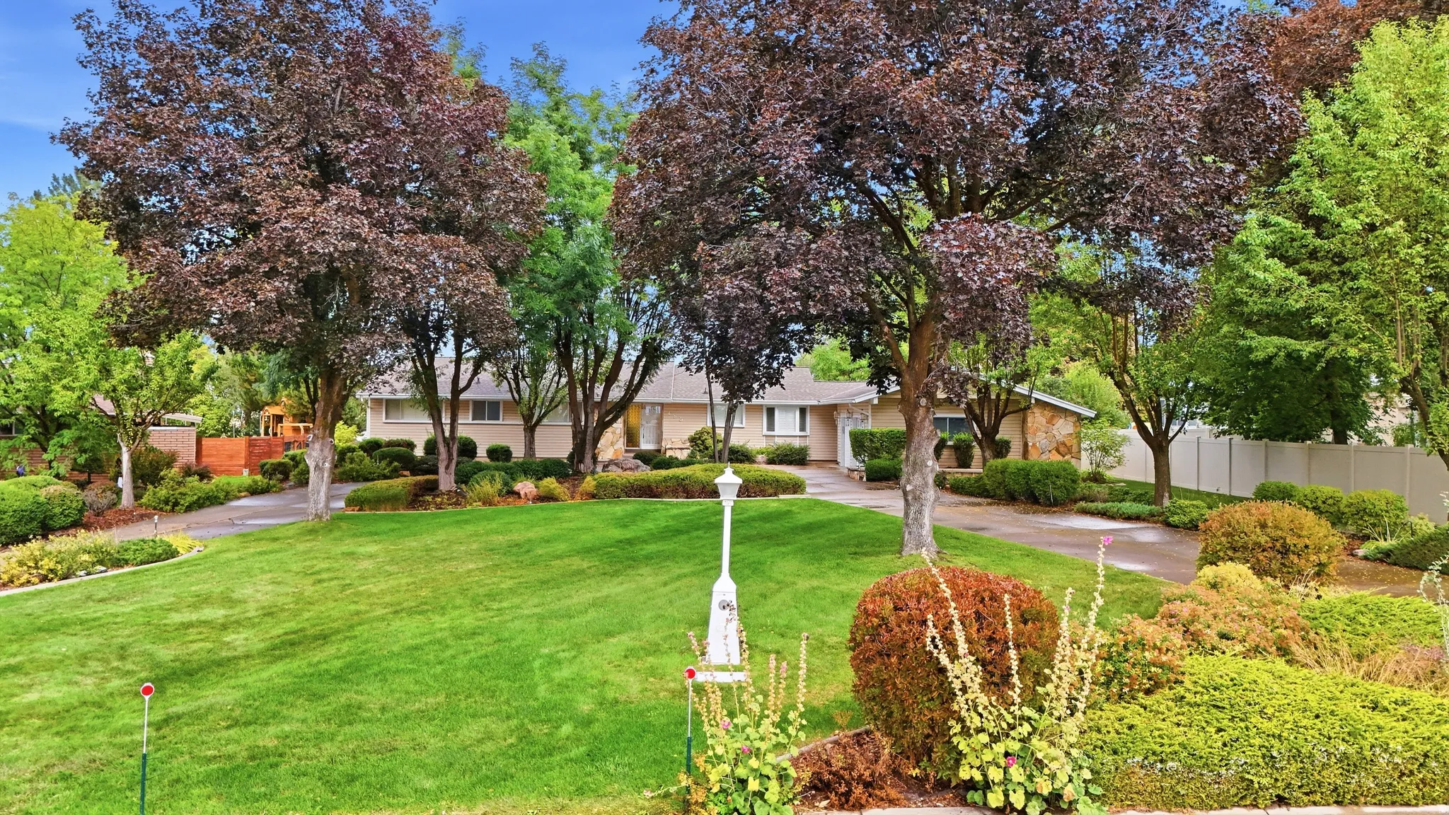 Expansive front lawn with mature trees and diverse landscaping