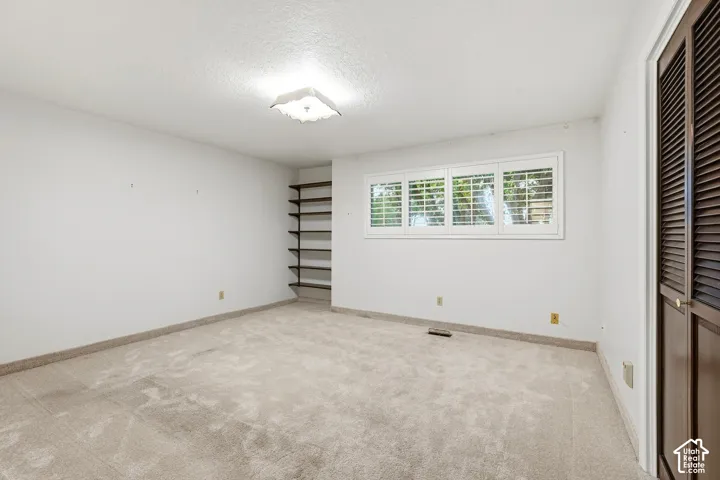 Recessed built-in shelving, windows with plantation shutters, light-colored carpeting, white walls, and a ceiling-mounted light fixture