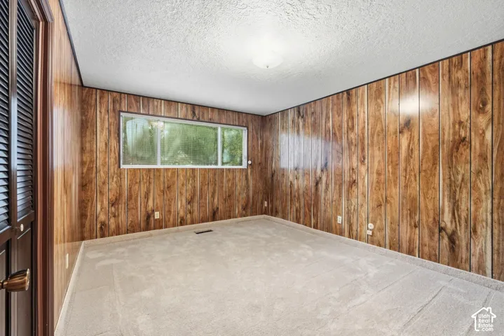 Wall paneling, light carpeting, louvered closet door, and a horizontal window