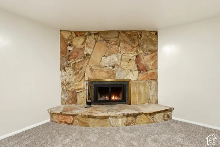 Stone-clad fireplace with a brass-framed firebox and a wide stone hearth, complemented by wall-to-wall carpeting