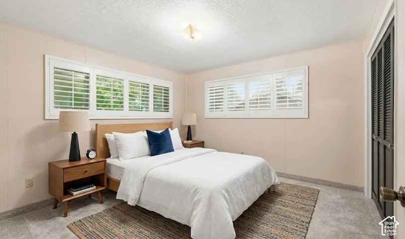 Two windows with white plantation shutters, light wood-tone headboard, and a dark louvered bi-fold door