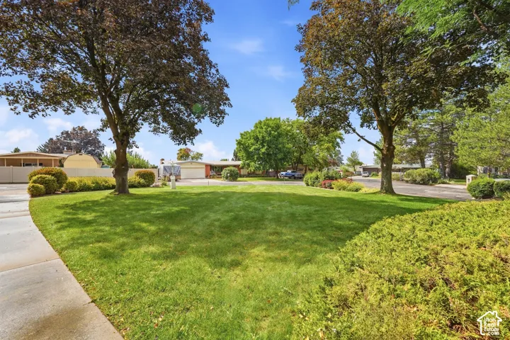 Manicured lawn with mature trees and established landscaping