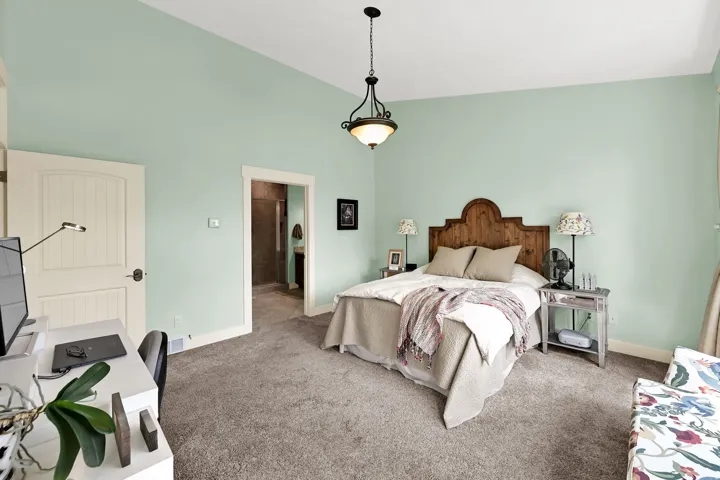 Vaulted ceiling, ceiling-mounted light fixture, paneled interior door, carpeted flooring, and a natural wood headboard
