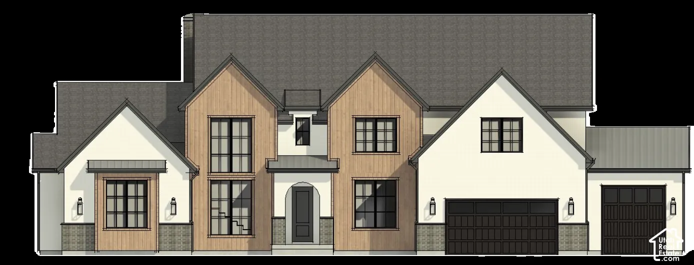 Architectural Rendering. Front elevation of the property detailing exterior finishes and structural elements