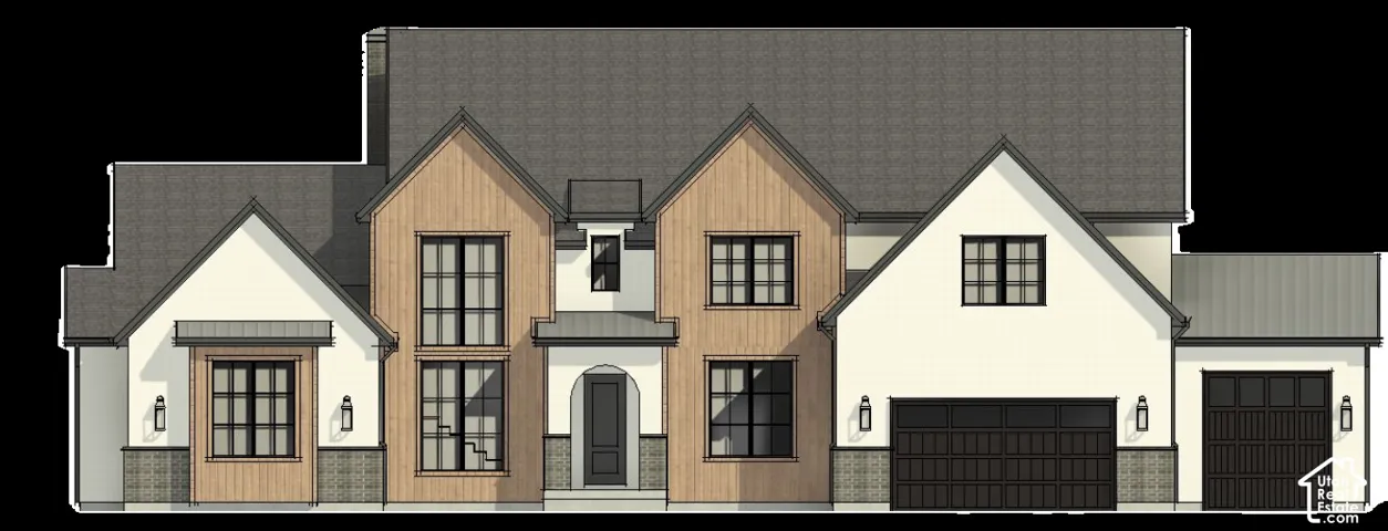 Architectural Rendering. Front elevation of the property detailing exterior finishes and structural elements