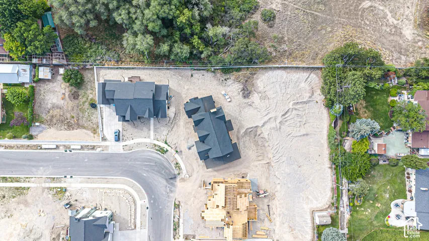 Two newly constructed residences with dark shingle roofing