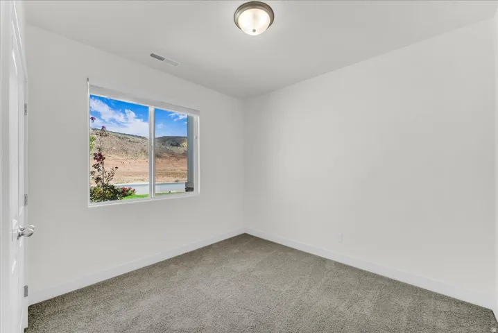 Recessed window with exterior scenery, overhead flush-mount light fixture, and plush carpet flooring