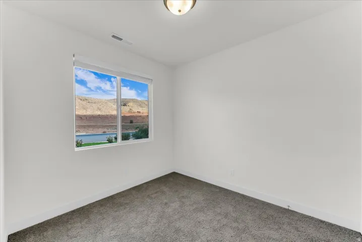 Recessed window with roller shade, neutral wall paint, ceiling-mounted light fixture, and plush carpeting