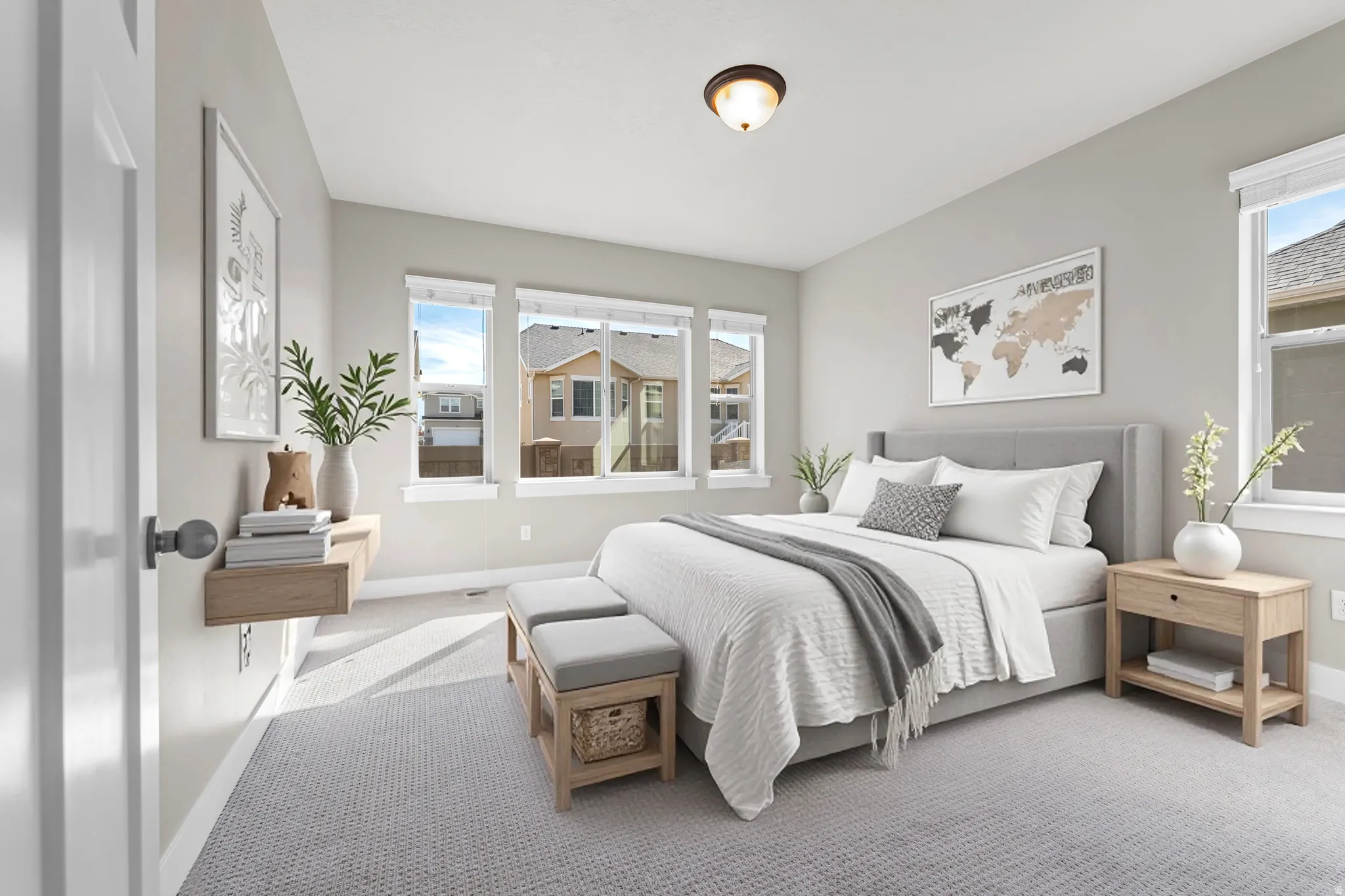 Wall-to-wall carpeting, multiple windows providing natural light, flush mount ceiling light fixture, and a built-in floating shelf