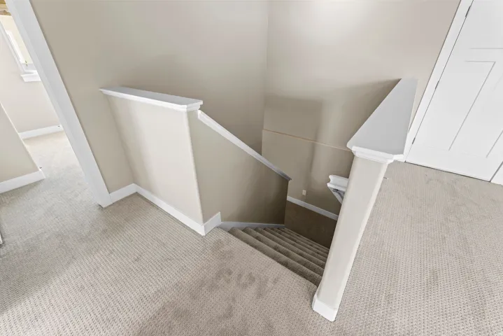 Carpeted staircase with painted risers, solid balustrade, and neutral wall tones
