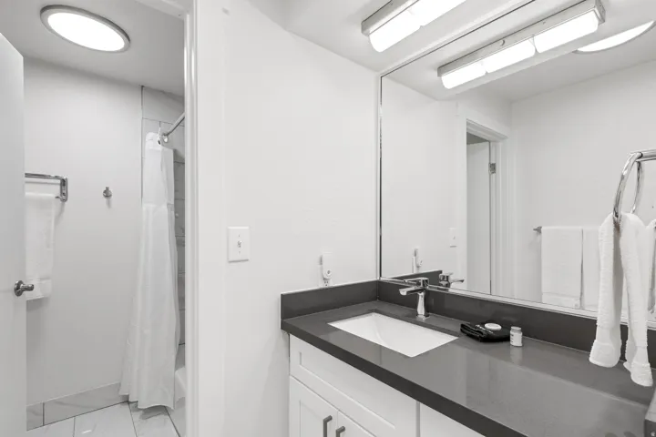 Vanity with a single undermount sink, a gray countertop, and a large wall-mounted mirror