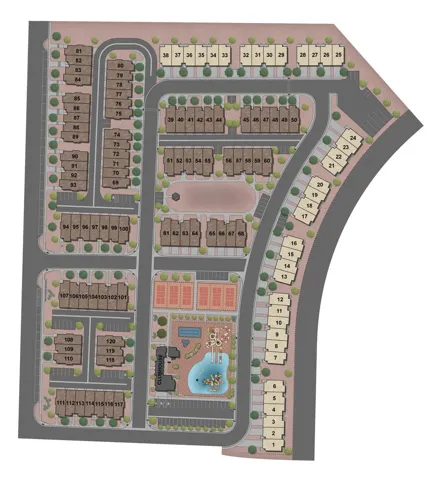 Site Plan. Illustrating the property layout with numbered units and communal facilities