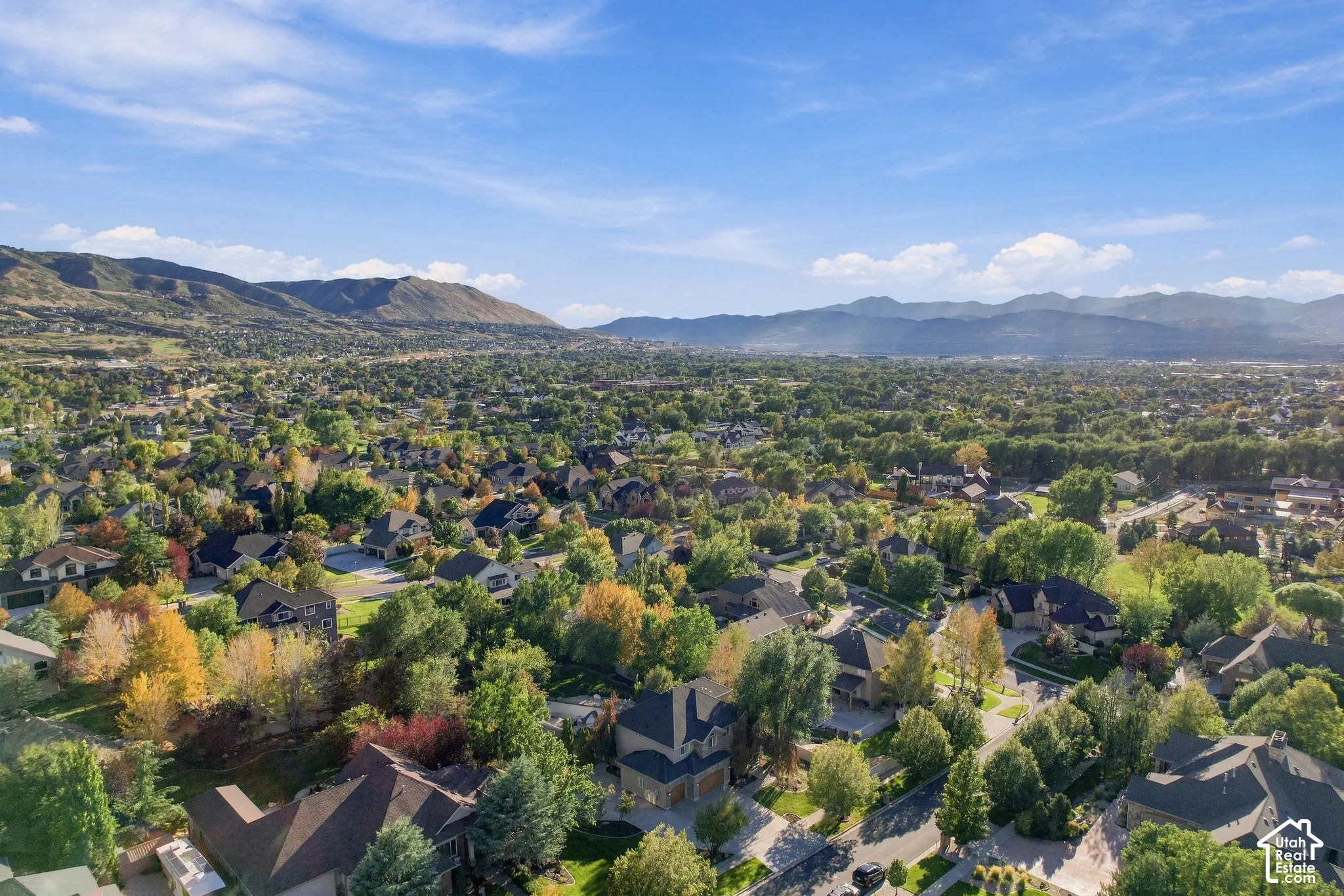 Expansive residential area with mature trees and mountain backdrops