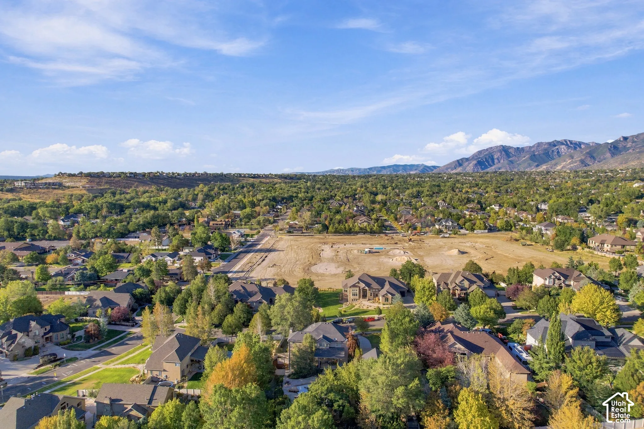Expansive residential area featuring numerous single-family homes, mature trees, and a mountain range backdrop