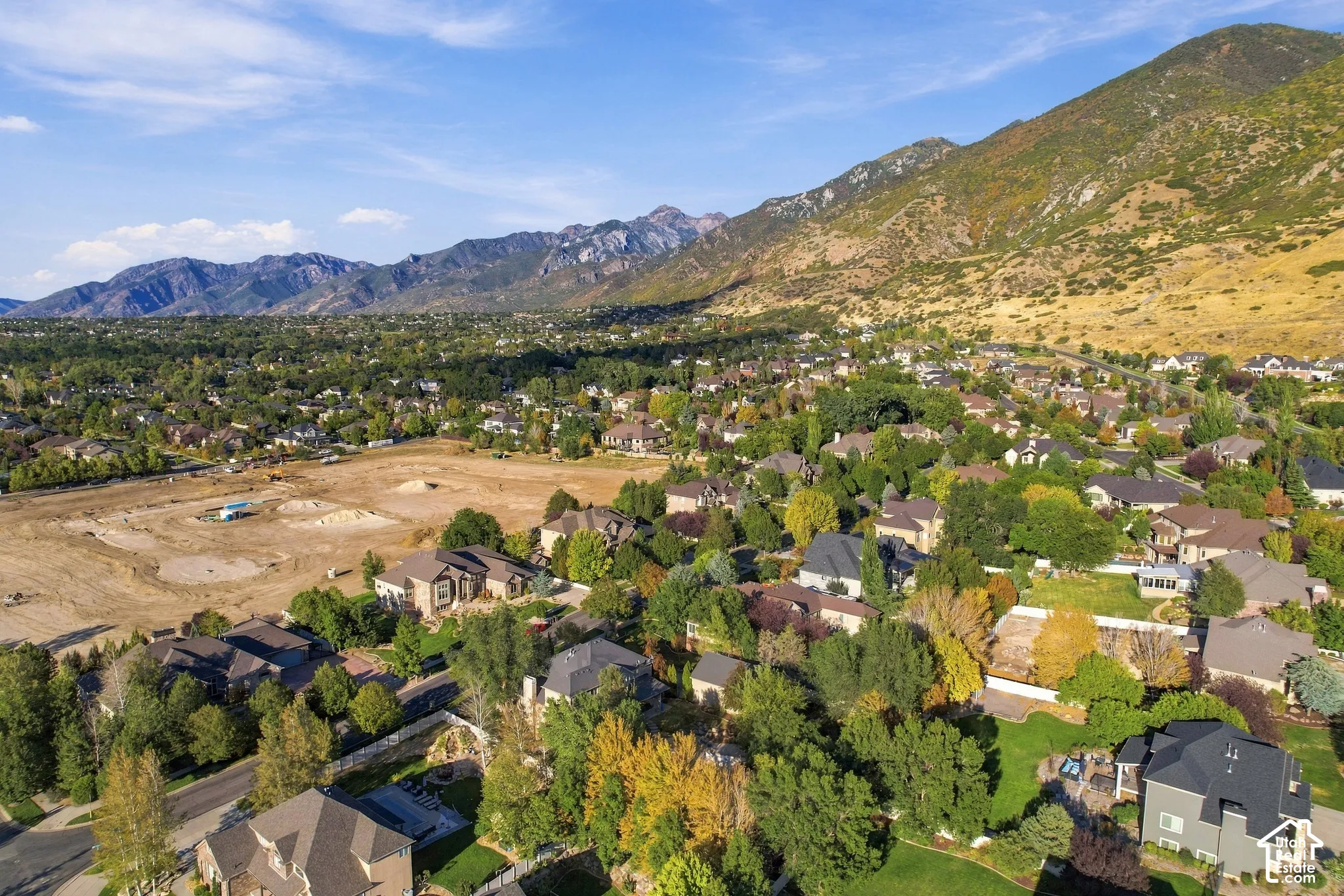 Expansive neighborhood setting with established homes, mature trees, and mountainous terrain