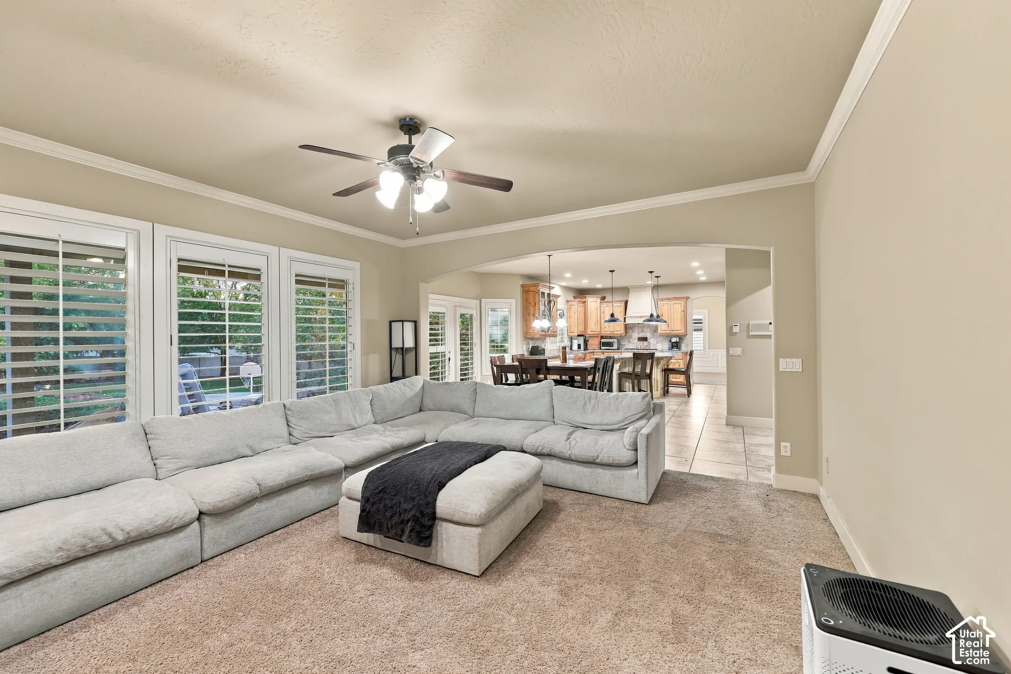 Crown molding accents the ceiling, complemented by a ceiling fan
