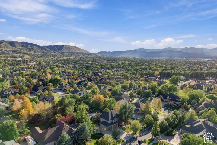 Expansive residential area with mature trees and mountain backdrops