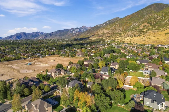 Expansive neighborhood setting with established homes, mature trees, and mountainous terrain