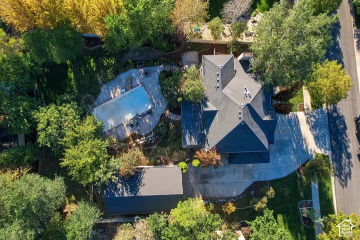 Pitched rooflines with dark shingles, expansive paved driveway, detached garage, in-ground swimming pool with surrounding hardscaping, and mature landscaping