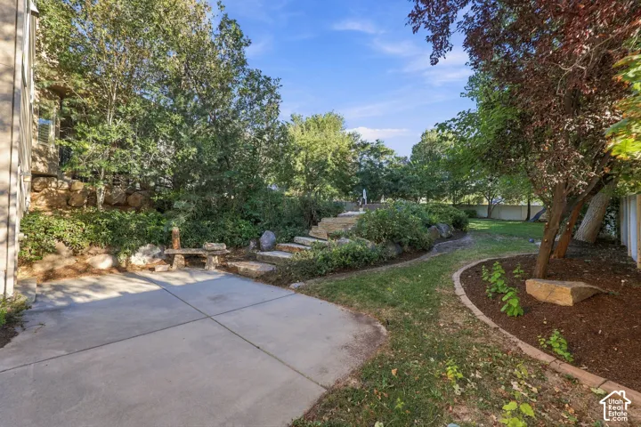 Concrete patio with stone bench, surrounded by mature trees and layered landscaping