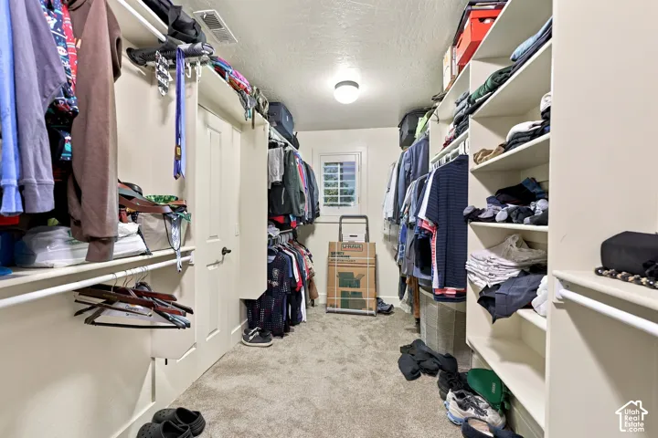 Walk-in closet featuring built-in shelving, hanging rods, an overhead light fixture, and a window with plantation shutters