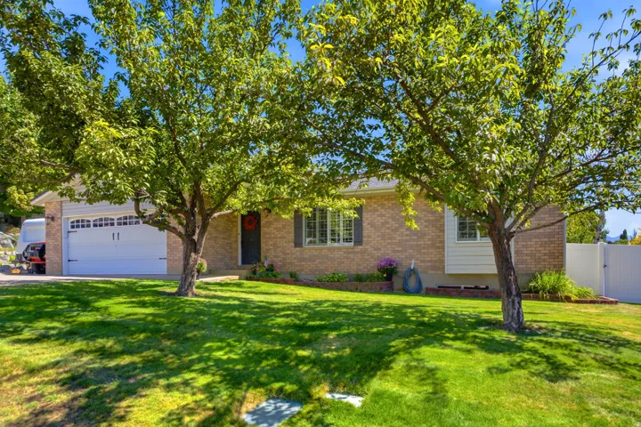 Brick exterior with a two-car garage, mature shade trees, and a manicured front lawn