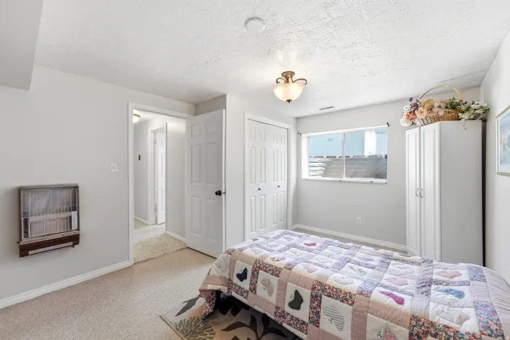 Carpeted room featuring a double-door closet, a window, and a flush-mount ceiling light fixture