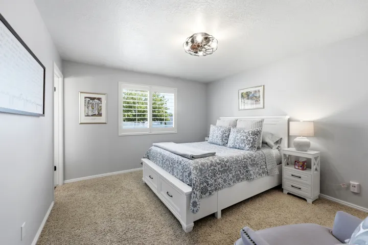 Carpeted room with a white door, window with plantation shutters, and a ceiling-mounted light fixture