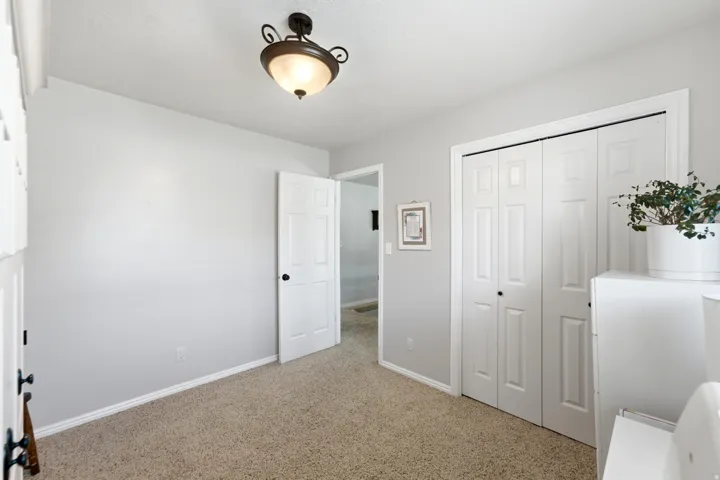 Neutral wall color, carpet flooring, bi-fold closet doors, and overhead lighting fixture