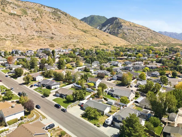 Residential area with established trees and surrounding mountain landscape