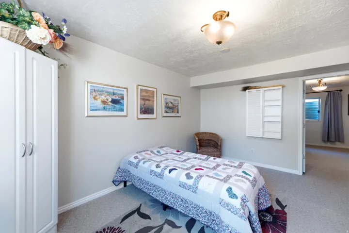 Built-in overhead lighting, light-toned wall paint, and wall-to-wall carpeting
