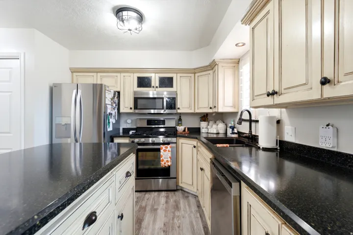 Kitchen featuring light-toned cabinetry, dark speckled countertops, and stainless steel appliances
