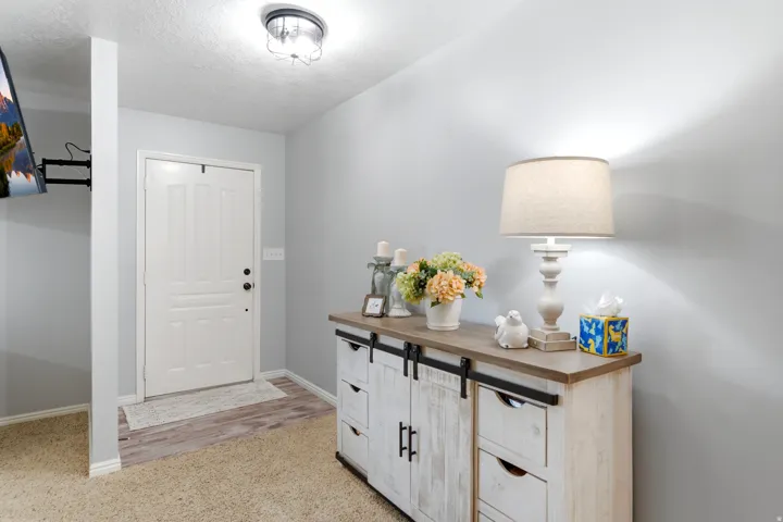 Entryway featuring a paneled door, wood-finish flooring, and a flush-mount ceiling light
