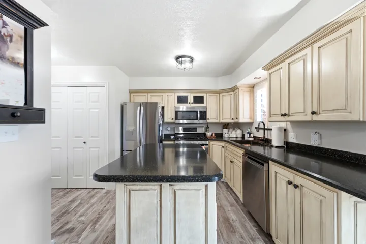 Kitchen featuring light-toned cabinetry, dark countertops, stainless steel appliances, and wood-finish flooring