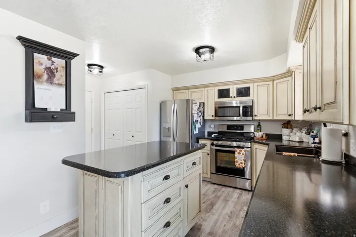 Kitchen featuring a center island with dark countertops, light-toned cabinetry, stainless steel appliances, and wood-finish flooring